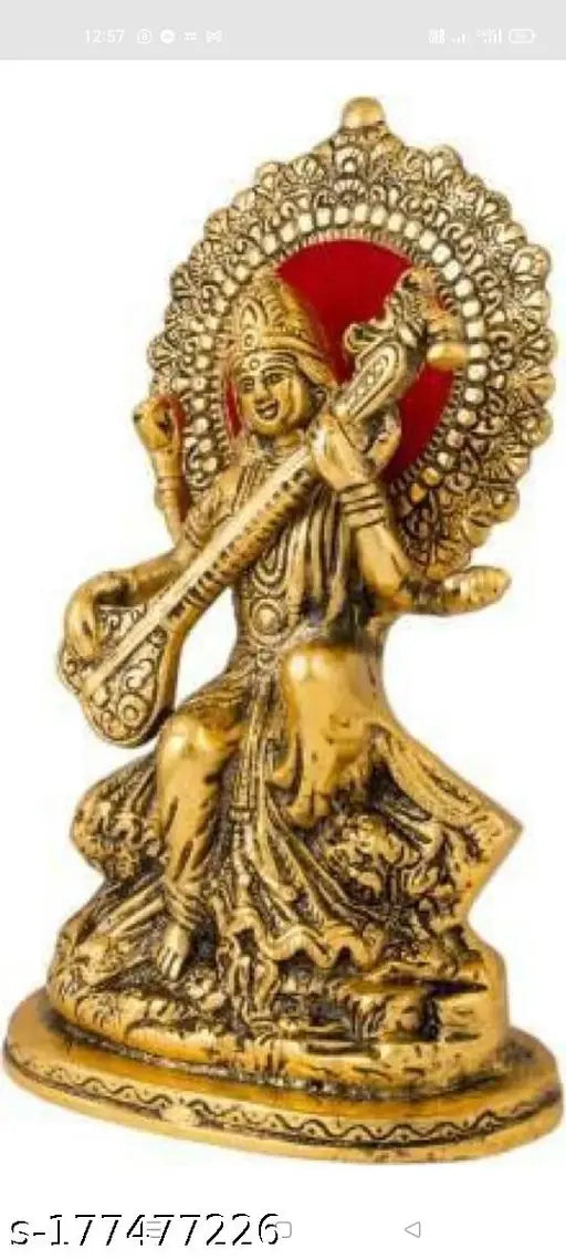 Saraswati JI metal idol statue, 22.5cm x 12cm, decorative home item for temples, offices, or shops. Metal-crafted Hindu goddess of knowledge
