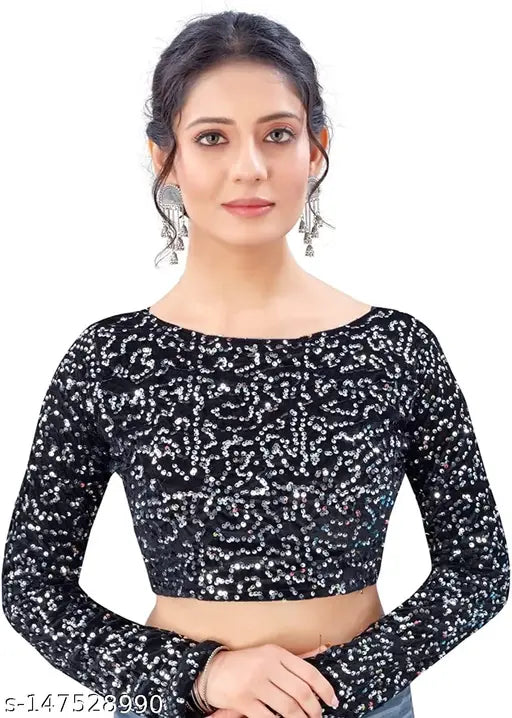 A piece of women's formal wear - a saree and blouse in black with embellishments