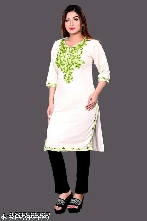 Elegant white kurta with green embroidery, long sleeve, straight cut for women