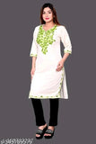 Elegant white kurta with green embroidery, long sleeve, straight cut for women