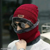Women's red and grey faux fur knit hat with earflaps fashion winter trendy accessory