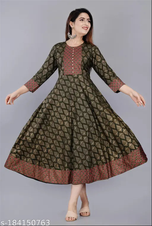 Green printed anarkali kurta for women