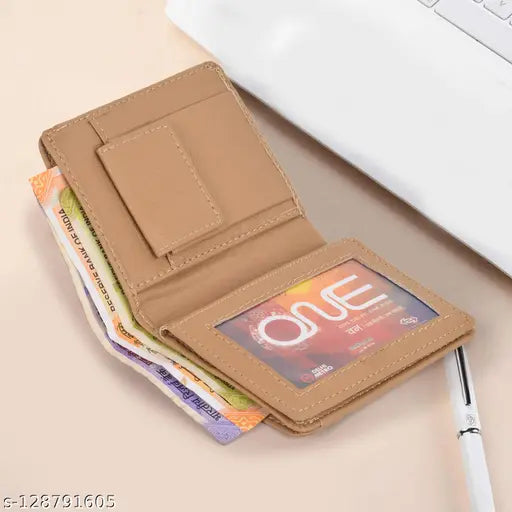 Cream PU bi-fold wallet, classic design for men, perfect for everyday use with 7 card slots, 2 currency compartments, and coin pocket. Made in India