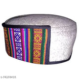 Handwoven, Himachal-style beige cap with traditional striped trim and pompom