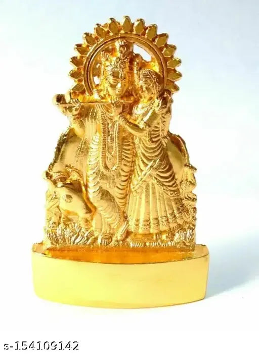 Gold-plated Radha Krishna with cow idol, intricately detailed Indian artisan crafted metal figurine