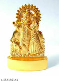 Gold-plated Radha Krishna with cow idol, intricately detailed Indian artisan crafted metal figurine