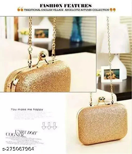 Golden clutch purse with glittery sequins, designed with a stitched chain handle