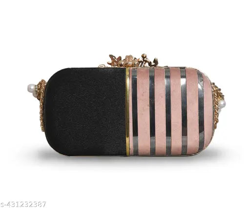 Black and pink striped clutch purse with a zip closure