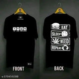 Cotton blend size T-shirt with printed net design, featuring the brand EAT Black Ower. Short sleeves in various sizes from S to XL, made in India." (124 characters)