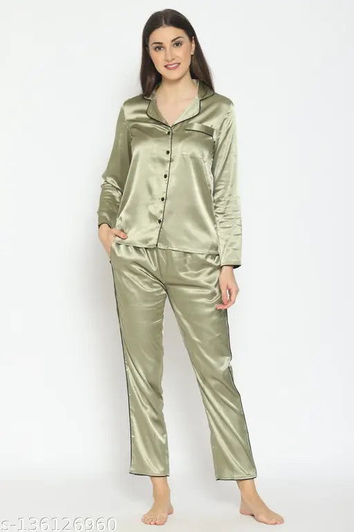 Green satin pyjama set for women, solid design with long sleeves, PRETTY LOVING THING brand