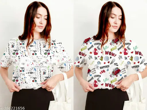 Large, oversized graphic t-shirt with colorful patterns and lettering for women