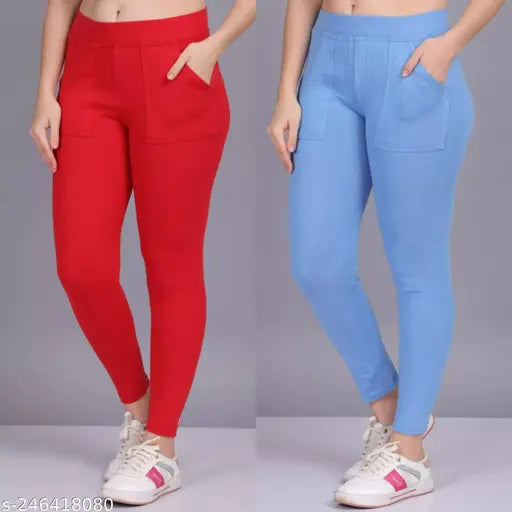 Cotton blend, breathable & stretchy women's pocket jeggings (pack of 2), solid color for outdoor or casual wear, size options available