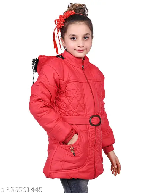 Red puffer jacket with black buckle on front, hooded