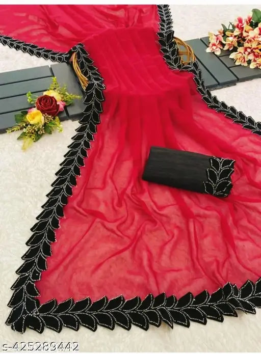Black, white, and red Banarasi soft semi-silk saree with blouse piece for women