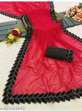 Black, white, and red Banarasi soft semi-silk saree with blouse piece for women