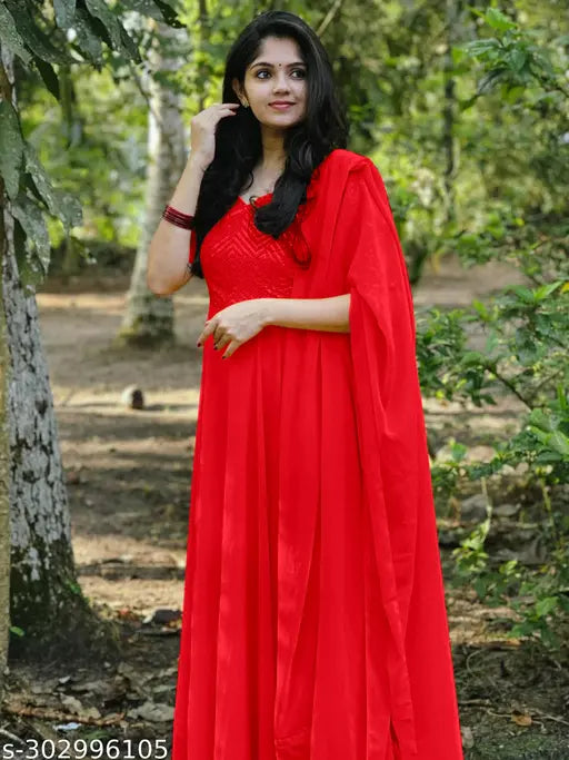 Embroidered red Georgette gown with dupatta, short sleeves and micro crinoline lining - ready stock, Indian designer fashion