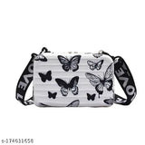Black sling box bag for women, featuring butterfly pattern and detachable shoulder strap, convertible into cosmetic case