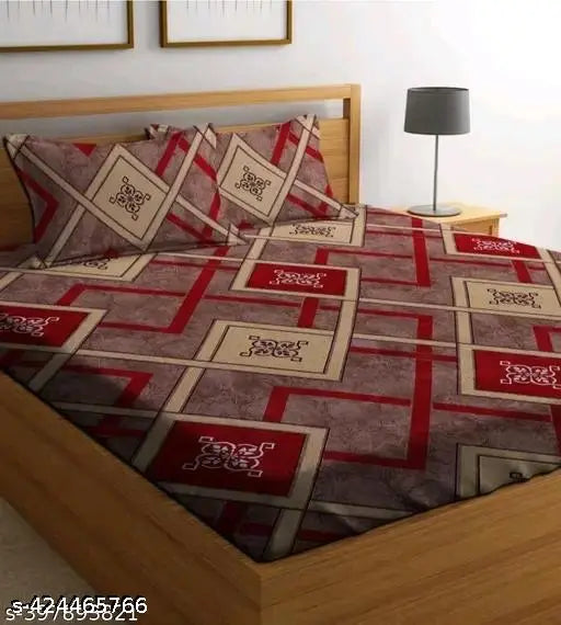 Cotton fitted bedsheet & checkered pillow covers, superfine elastic quality for summer - adult size double queen, made in India (290 thread count, 1 net quantity)