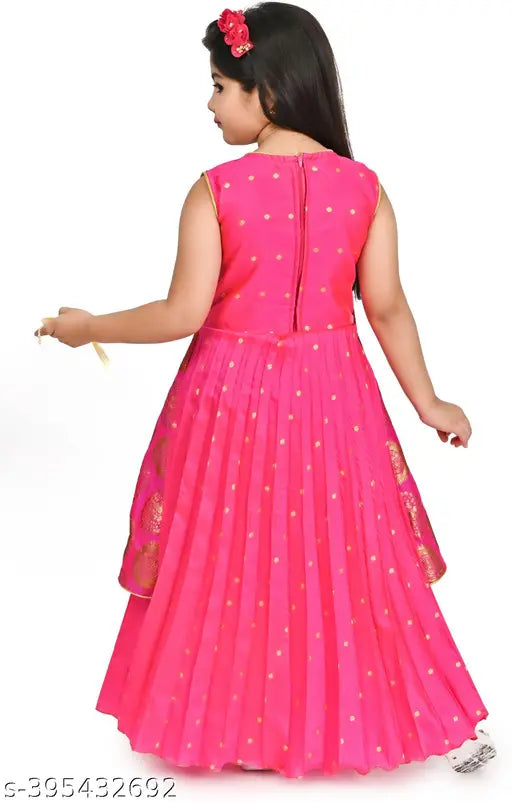Silk sleeveless printed net kids gown, vibrant design for 0-3 months