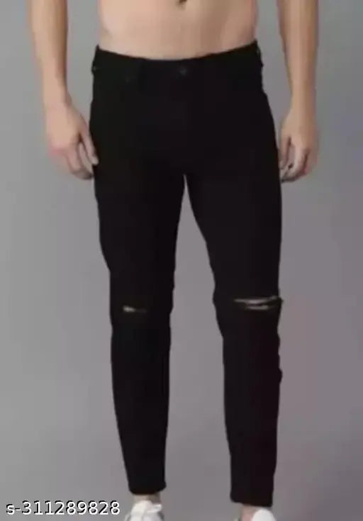 Cotton blend, flaying men knee-slit black jeans, ripped net pattern - size 28/30/32 for women, India origin