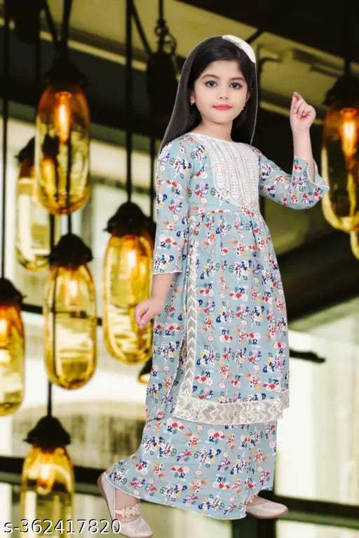 Printed cotton blend sharara dress set for kids, modern girls kurtypalazoos in A-line style with three-quarter sleeves, Indian ethnic wear