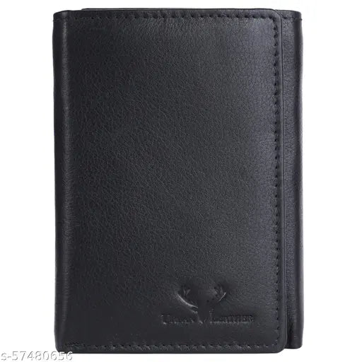 Genuine leather urban tri-fold men's wallet, solid brown color with RFID blocking feature, five compartments for everyday use
