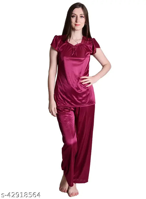 Wine satin nightwear pajama set, luxury sleepwear in classic color