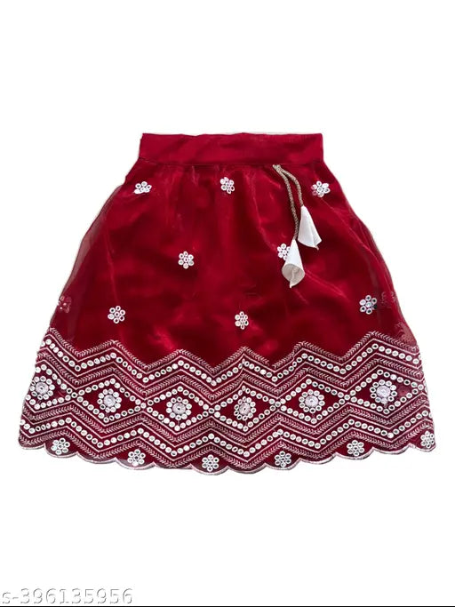 Embroidered cotton linen lengha choli with net dupatta for baby girls (Indian traditional attire)