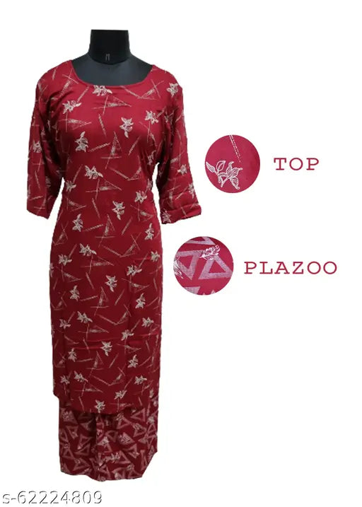 Rayon kurta with palazzo set, maroon color, printed net fabric, three-quarter sleeves