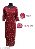 Rayon kurta with palazzo set, maroon color, printed net fabric, three-quarter sleeves
