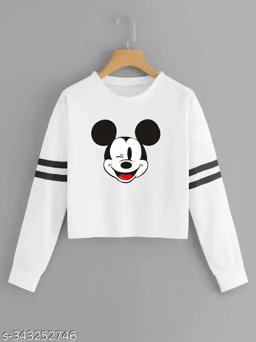 Women's printed round neck full sleeves cotton blend crop T-shirt, premium quality, breathable, and lightweight for year-round wear