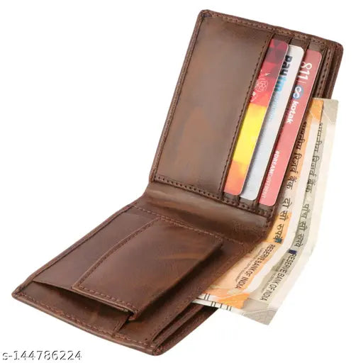Brown faux leather bi-fold wallet, slim, lightweight, men's credit card holder with 5 compartments, perfect gift for men and women