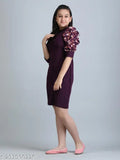 Purple cotton blend high neck dress, perfect for girls aged 7-14 years. Solid design from India