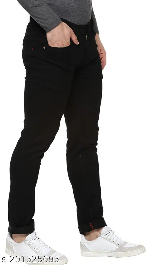 Black polycotton stretchable casual jeans by Stitch Factory. Breathable, comfortable, and ideal for everyday wear. Mid-rise design suitable for casual or formal settings