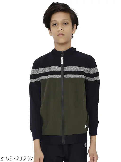 Black, grey, and blue color block jacket with zip closure