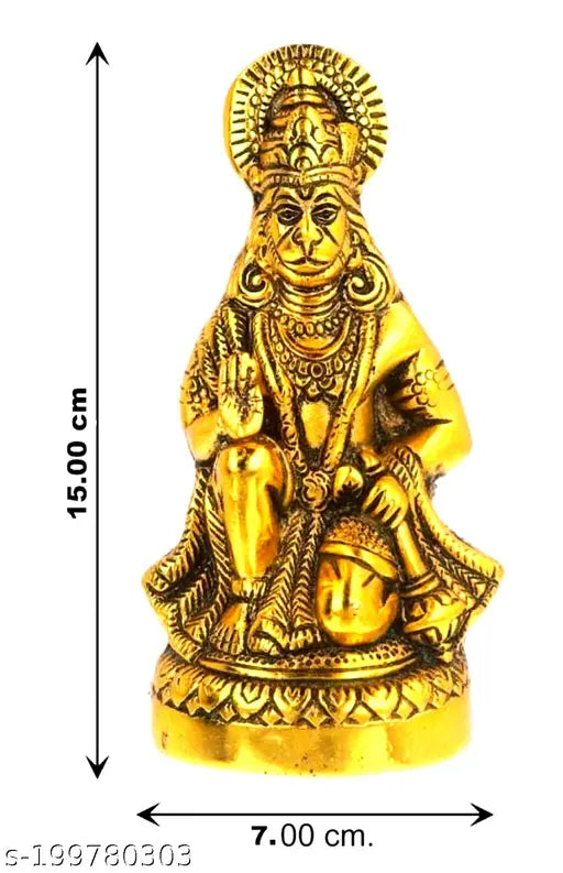 Metal Hanuman ji sitting idol, golden decorative showpiece for home or office (8 cm x 16 cm x 8 cm)
