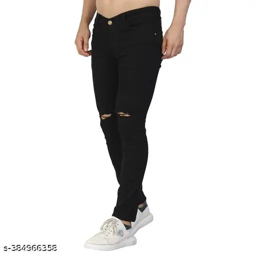 Black denim men's knee cut distressed stretchable jeans, durable and affordable, size 28, 30, or 32