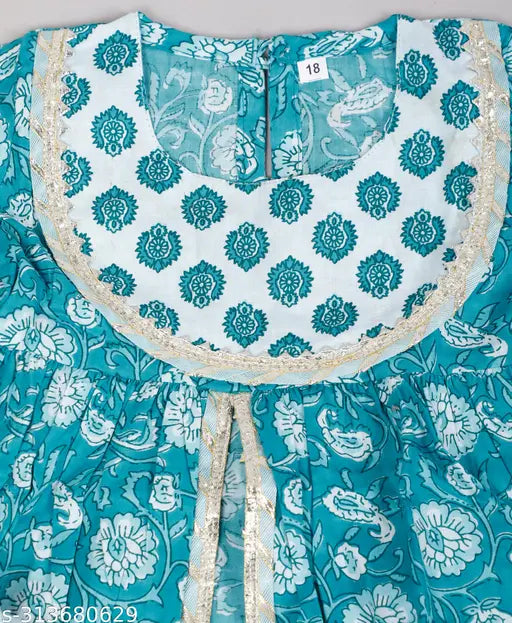 Blue cotton Spack Jerrow Kurti Sharara set for baby girls, featuring straight top and sharara bottom with printed pattern and three-quarter sleeves. Ethnic wear kids dress, suitable for 12-18 months to 6-7 years old. Made in India