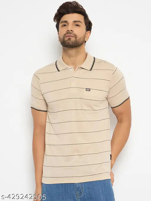 Camel stripe cotton blend men's polo shirt, short sleeves, India origin