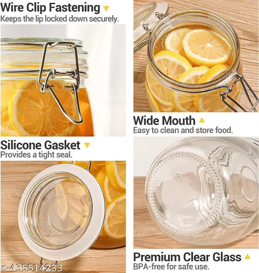 Clear glass storage jar with clip lid, round clip top, airtight design. Contains approximately 750ml. Two pack. Use for dry foods like coffee beans, cereal, spices, sugar or pasta