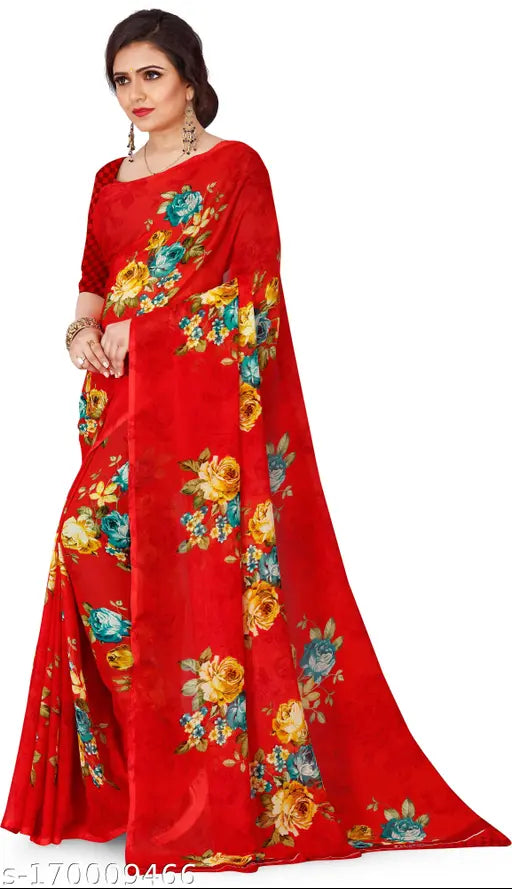 Red georgette saree with floral design, unstitched blouse