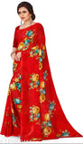 Red georgette saree with floral design, unstitched blouse