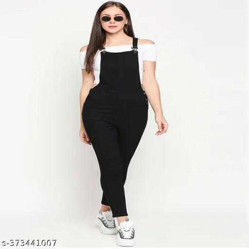 Stretchable high waist denim dungaree for women, solid color, sleeveless, 47-48 inches long, India origin