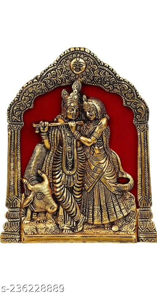 Metal Radha Krishna cow idol set, 17 cm x 2 cm x 21.5 cm, for home, temple, office, and gifting, LBH-172215, Indian origin