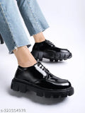 Patent leather black smart casual lace-up loafers for women, detailed design on classic bellies shoe with slip-on fastening