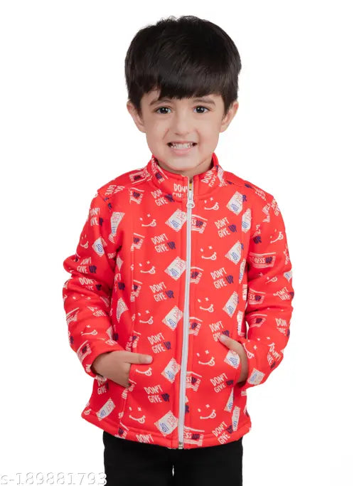Cartoon print winter wear jacket, red and blue pattern, kid's size, zip closure