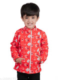 Cartoon print winter wear jacket, red and blue pattern, kid's size, zip closure
