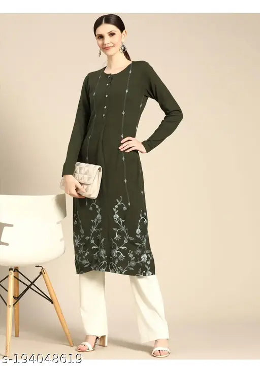Dark green woolen long kurta, hand block print, women's fashion