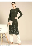 Dark green woolen long kurta, hand block print, women's fashion