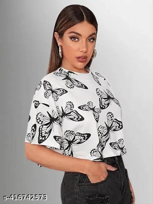 Polycotton long-sleeve butterfly printed crop top, trendy & versatile for women's fall/winter wear, India origin